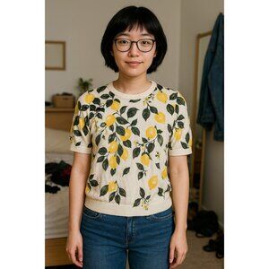 Ann Taylor Factory Lemon Print Short Sleeve Sweater Size M White Cotton Top READ